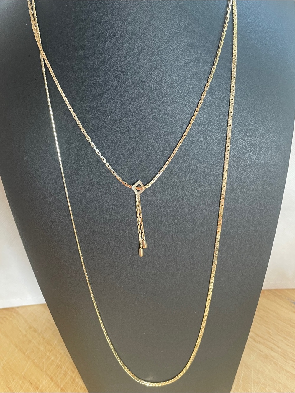 Gold Tone Layered Y Chain 2 Necklaces hand tag signed Citation 10” long Chain 15